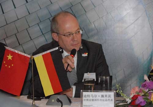 Dietmar Schmitz, Commissioner General of the German Pavilion, attends a press conference briefing on Germany's participation in the Shanghai Expo 2010, in Beijing, March 23, 2010. ©Wang Guanqun